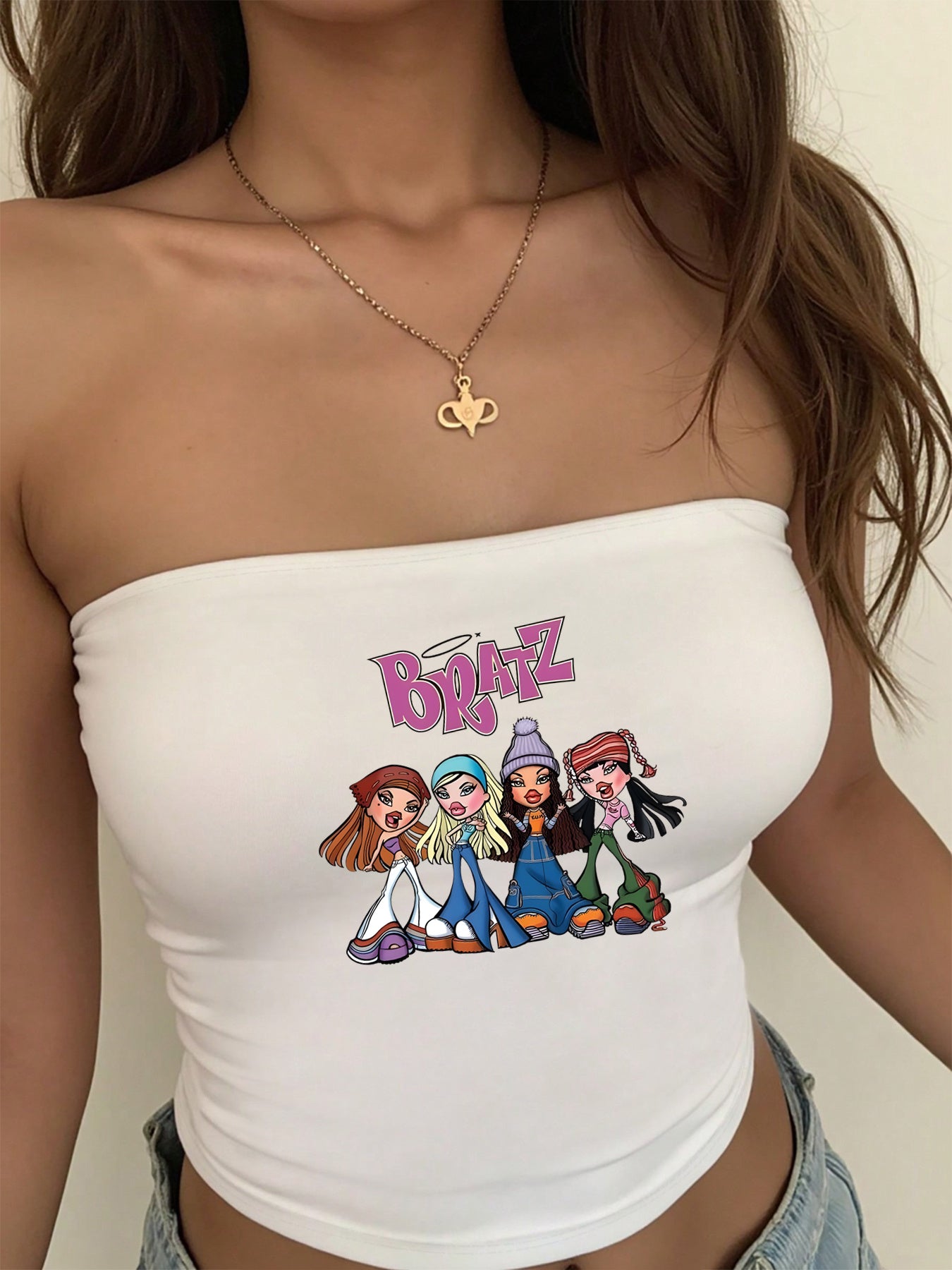 Y2K Hot Summer Stretchy Tube Top for Women - 220gsm High Elasticity Crop Top with Cartoon Graphic & Bold Letter Print, Machine Washable Casual Streetwear for Spring Summer Fall, Highelasticity Fabric